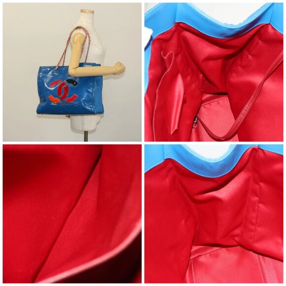 CHANEL Chain Tote Bag Patent leather Blue Silver CC - Picture 15 of 16